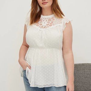 PEPLUM CHIFFON CLIP DOT CROCHET TRIM TOP